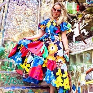 NWT Christopher John Rogers Floral Puff Sleeve High-Low Midi Dress | XXS